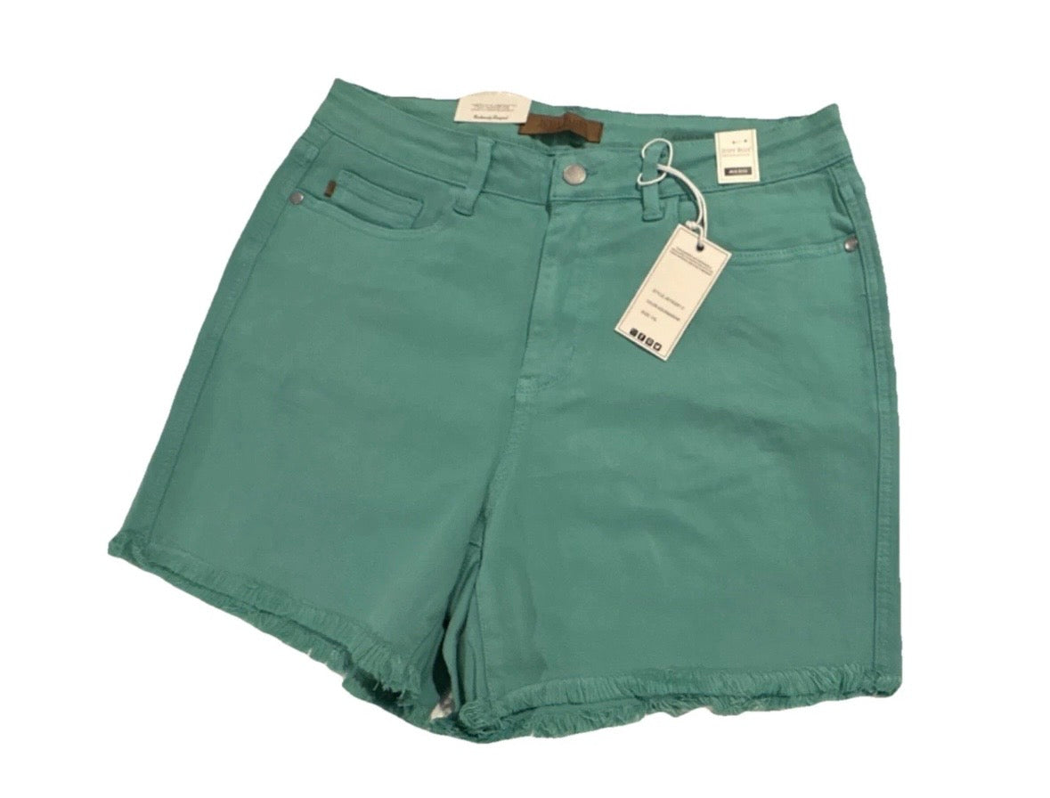 Judy Blue Women's Aquqmarine Denim Cut Off Shorts 1XL Fringe Hem 5-Pocket
