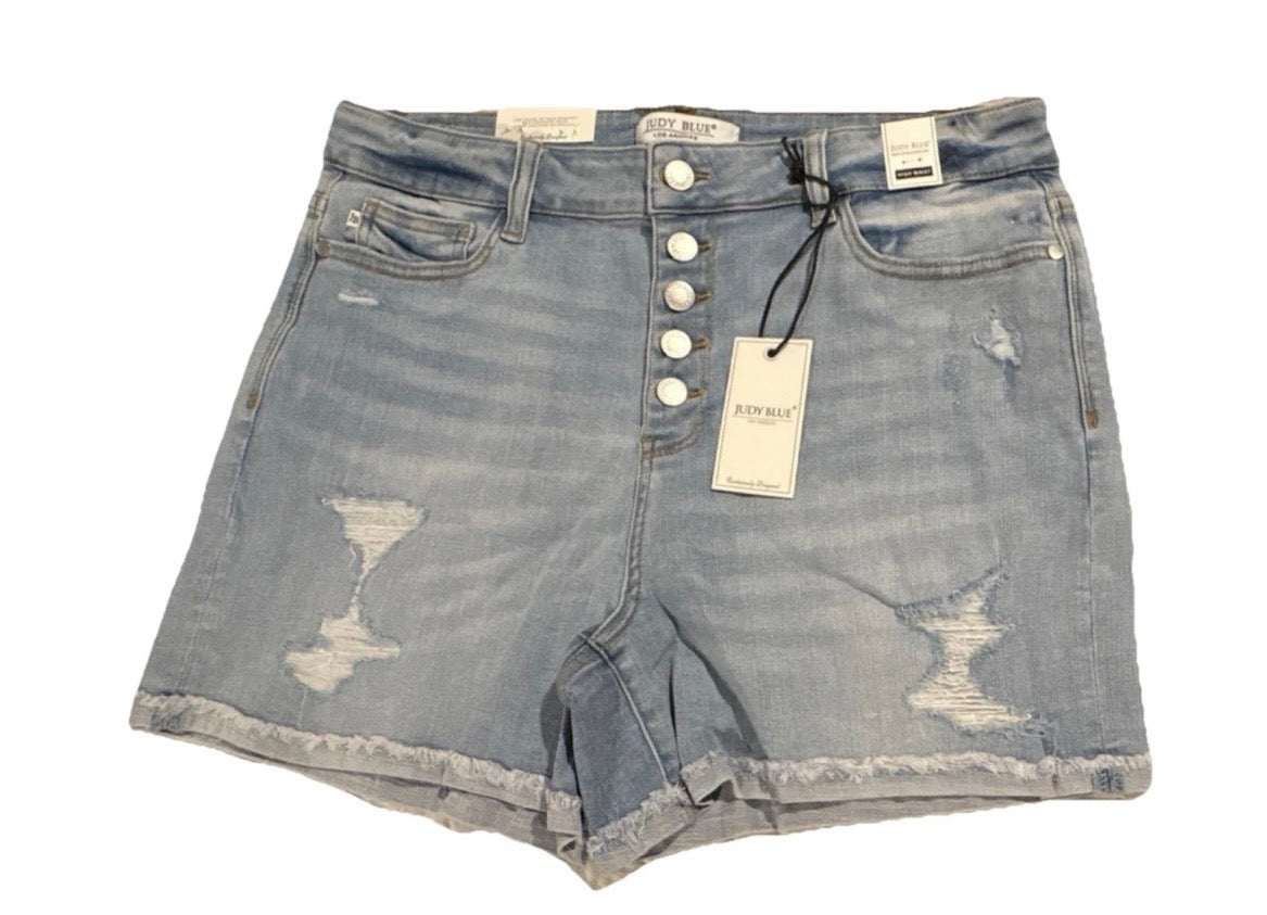 Judy Blue Women's Light Blue Denim Cut Off Shorts High Rise Distressed Button XL