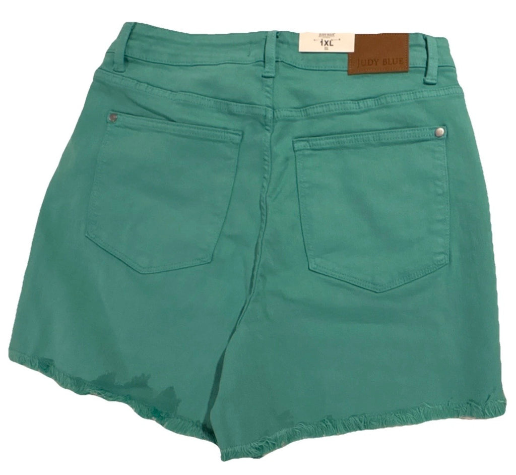 Judy Blue Women's Aquqmarine Denim Cut Off Shorts 1XL Fringe Hem 5-Pocket