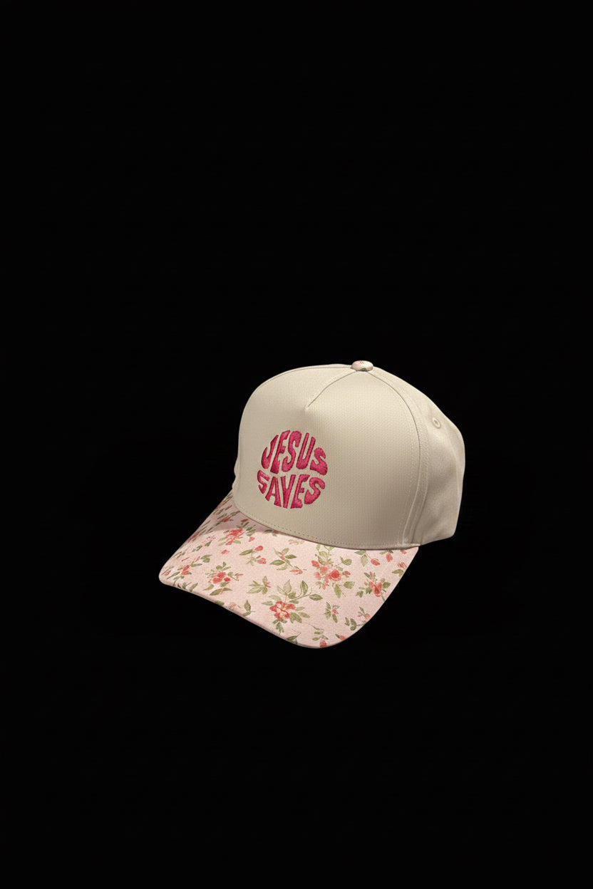 Jesus Saves Embroidered Floral Baseball Cap Beige Pink Adjustable