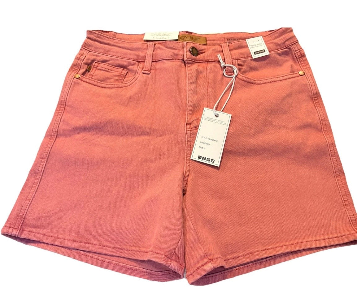 Judy Blue Women's Rose Denim Shorts Size Large High Rise 5-Pocket Zip Closure
