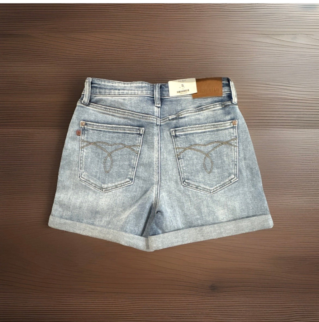 Judy Blue Women's Light Wash Blue Denim Cuffed Shorts S High Rise 5-Pocket